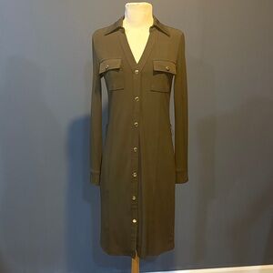 Michael Kors Button-Down Shirt Army Green Midi Dress. Size XS